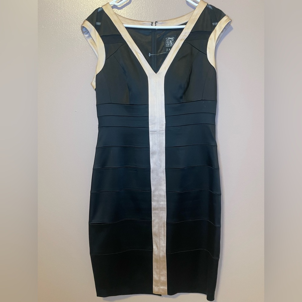 Jax Black and Champagne Sheath Midi Dress V-Neck Sleeveless